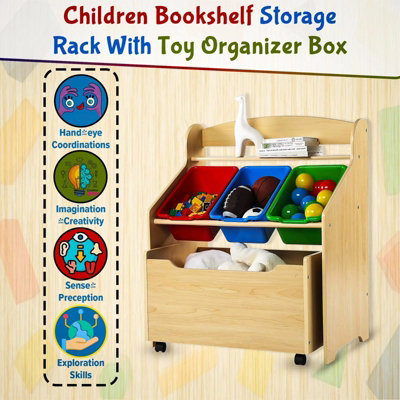 Wooden Kids Toy Storage Organizer, 3 Plastic Bins, Extra Rolling Toy Box Chest & Storage Shelf, Toddler Furniture Storage Unit wit