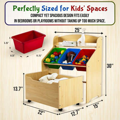Wooden Kids Toy Storage Organizer, 3 Plastic Bins, Extra Rolling Toy Box Chest & Storage Shelf, Toddler Furniture Storage Unit wit