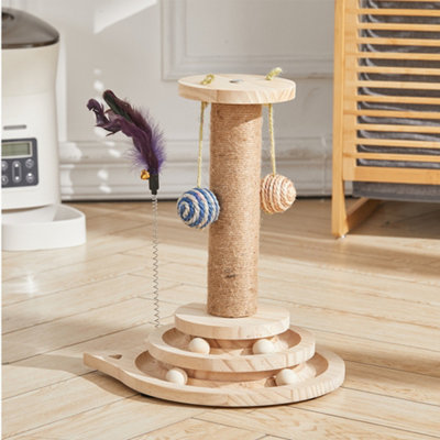 Wooden Kitten Activity Play Center Sisal Cat Scratching Post with Cat Toy Ball Track and Spring Toy