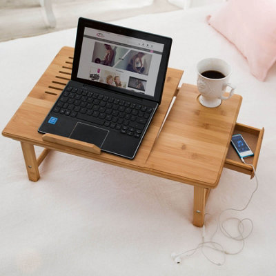 Wooden laptop bed table 55x35x26cm adjustable with USB dual fan - brown