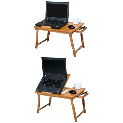 Wooden laptop bed table 55x35x26cm adjustable with USB dual fan - brown
