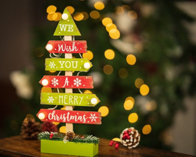 Wooden LED Christmas Tree Decoration - Red & Green