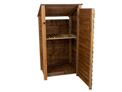 Wooden log store (roof sloping back), garden storage with shelf W-99cm, H-180cm, D-88cm - brown finish