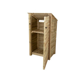 Wooden log store (roof sloping back), garden storage with shelf W-99cm, H-180cm, D-88cm - natural (light green) finish