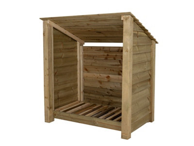 Wooden log store (roof sloping back) W-119cm, H-126cm, D-88cm - natural (light green) finish