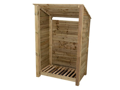 Wooden log store (roof sloping back) W-119cm, H-180cm, D-88cm - natural (light green) finish