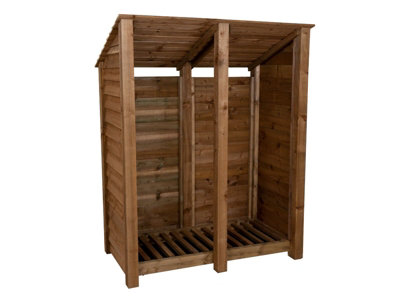 Wooden log store (roof sloping back) W-146cm, H-180cm, D-88cm - brown finish