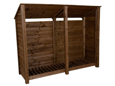 Wooden log store (roof sloping back) W-227cm, H-180cm, D-88cm - brown finish