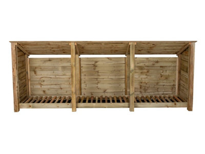 Wooden log store (roof sloping back) W-335cm, H-126cm, D-88cm - natural (light green) finish