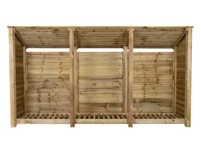 Wooden log store (roof sloping back) W-335cm, H-180cm, D-88cm - natural (light green) finish