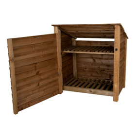 Wooden log store (roof sloping back) with door and kindling shelf W-119cm, H-126cm, D-88cm - brown finish