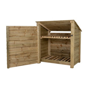 Wooden log store (roof sloping back) with door and kindling shelf W-119cm, H-126cm, D-88cm - natural (light green) finish