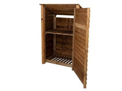 Wooden log store (roof sloping back) with door and kindling shelf W-119cm, H-180cm, D-88cm - brown finish