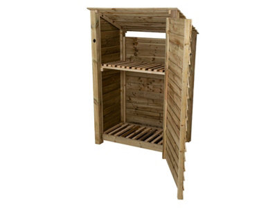 Wooden log store (roof sloping back) with door and kindling shelf W-119cm, H-180cm, D-88cm - natural (light green) finish