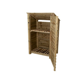 Wooden log store (roof sloping back) with door and kindling shelf W-119cm, H-180cm, D-88cm - natural (light green) finish