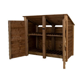 Wooden log store (roof sloping back) with door and kindling shelf W-146cm, H-126cm, D-88cm - brown finish