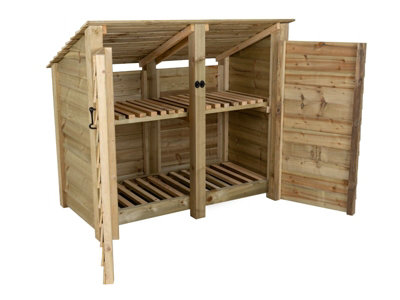 Wooden log store (roof sloping back) with door and kindling shelf W-146cm, H-126cm, D-88cm - natural (light green) finish