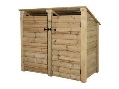 Wooden log store (roof sloping back) with door and kindling shelf W-146cm, H-126cm, D-88cm - natural (light green) finish