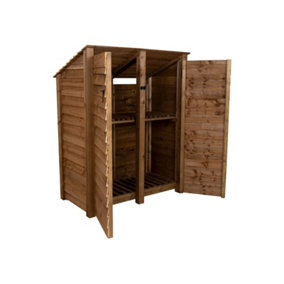 Wooden log store (roof sloping back) with door and kindling shelf W-146cm, H-180cm, D-88cm - brown finish