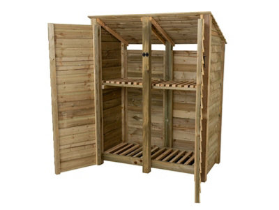 Wooden log store (roof sloping back) with door and kindling shelf W-146cm, H-180cm, D-88cm - natural (light green) finish