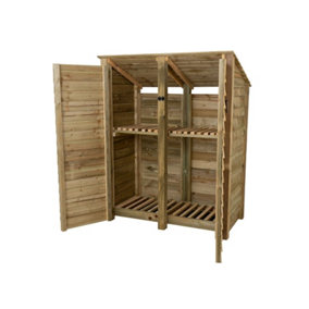 Wooden log store (roof sloping back) with door and kindling shelf W-146cm, H-180cm, D-88cm - natural (light green) finish