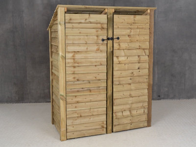 Wooden log store (roof sloping back) with door and kindling shelf W-146cm, H-180cm, D-88cm - natural (light green) finish
