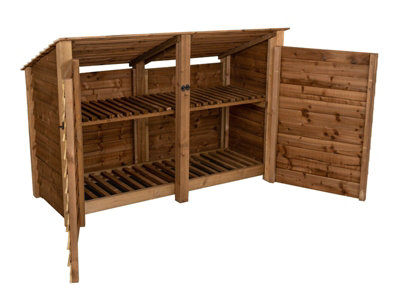 Wooden log store (roof sloping back) with door and kindling shelf W-187cm, H-126cm, D-88cm - brown finish