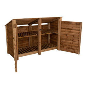 Wooden log store (roof sloping back) with door and kindling shelf W-187cm, H-126cm, D-88cm - brown finish