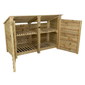 Wooden log store (roof sloping back) with door and kindling shelf W-187cm, H-126cm, D-88cm - natural (light green) finish