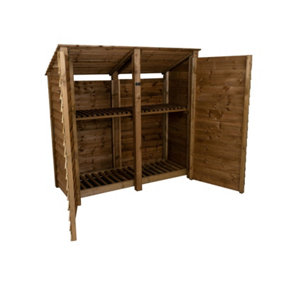 Wooden log store (roof sloping back) with door and kindling shelf W-187cm, H-180cm, D-88cm - brown finish