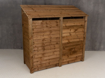 Wooden log store (roof sloping back) with door and kindling shelf W-187cm, H-180cm, D-88cm - brown finish