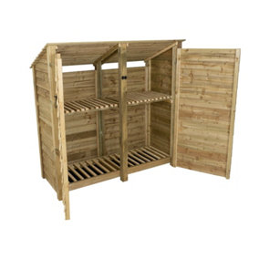 Wooden log store (roof sloping back) with door and kindling shelf W-187cm, H-180cm, D-88cm - natural (light green) finish