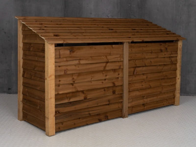 Wooden log store (roof sloping back) with door and kindling shelf W-227cm, H-126cm, D-88cm - brown finish