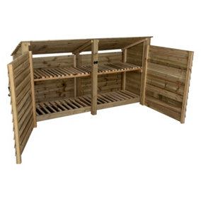 Wooden log store (roof sloping back) with door and kindling shelf W-227cm, H-126cm, D-88cm - natural (light green) finish