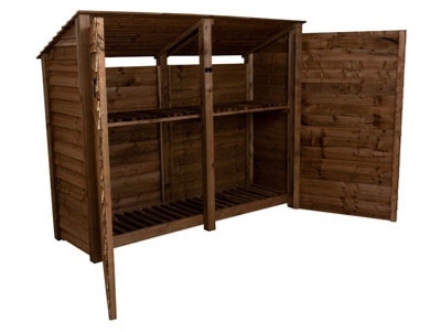 Wooden log store (roof sloping back) with door and kindling shelf W-227cm, H-180cm, D-88cm - brown finish