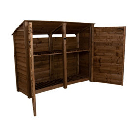 Wooden log store (roof sloping back) with door and kindling shelf W-227cm, H-180cm, D-88cm - brown finish