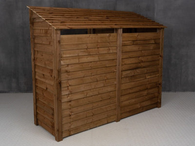 Wooden log store (roof sloping back) with door and kindling shelf W-227cm, H-180cm, D-88cm - brown finish