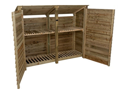 Wooden log store (roof sloping back) with door and kindling shelf W-227cm, H-180cm, D-88cm - natural (light green) finish