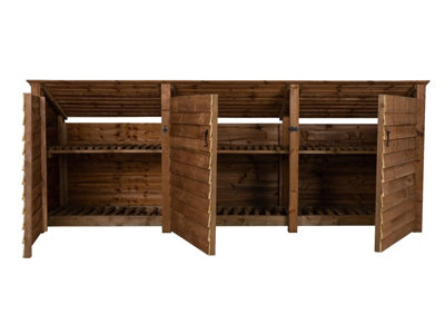 Wooden log store (roof sloping back) with door and kindling shelf W-335cm, H-126cm, D-88cm - brown finish