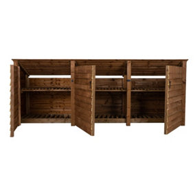 Wooden log store (roof sloping back) with door and kindling shelf W-335cm, H-126cm, D-88cm - brown finish