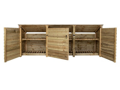 Wooden log store (roof sloping back) with door and kindling shelf W-335cm, H-126cm, D-88cm - natural (light green) finish