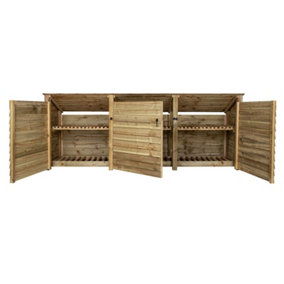 Wooden log store (roof sloping back) with door and kindling shelf W-335cm, H-126cm, D-88cm - natural (light green) finish