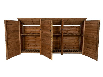 Wooden log store (roof sloping back) with door and kindling shelf W-335cm, H-180cm, D-88cm - brown finish