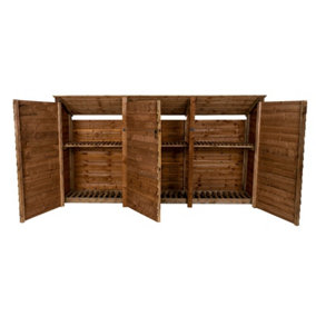 Wooden log store (roof sloping back) with door and kindling shelf W-335cm, H-180cm, D-88cm - brown finish