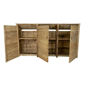 Wooden log store (roof sloping back) with door and kindling shelf W-335cm, H-180cm, D-88cm - natural (light green) finish