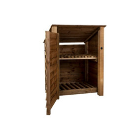 Wooden log store (roof sloping back) with door and kindling shelf W-99cm, H-126cm, D-88cm - brown finish