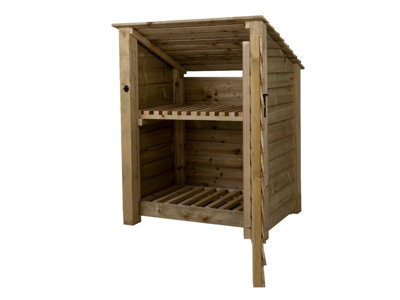 Wooden log store (roof sloping back) with door and kindling shelf W-99cm, H-126cm, D-88cm - natural (light green) finish