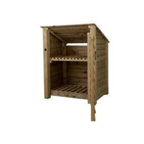 Wooden log store (roof sloping back) with door and kindling shelf W-99cm, H-126cm, D-88cm - natural (light green) finish