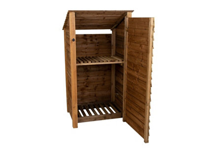 Wooden log store (roof sloping back) with door and kindling shelf W-99cm, H-180cm, D-88cm - brown finish