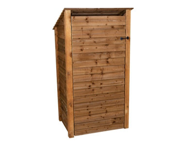 Wooden log store (roof sloping back) with door and kindling shelf W-99cm, H-180cm, D-88cm - brown finish